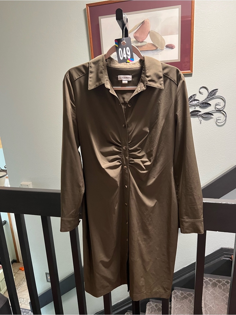 Calvin Klein Olive Midi Shirt Dress with Ruched Front Size 10 #DC049